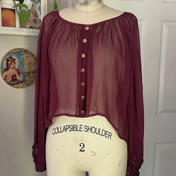 WILSTER Retro Sheer 1990s Poet Slv CROP Cropped Silky Tunic Blouse Shirt *SMALL* - Picture 1 of 5
